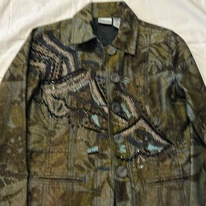 CHICO’S size O or D looks Med.embroidery and beads.green leaf .2 pockets